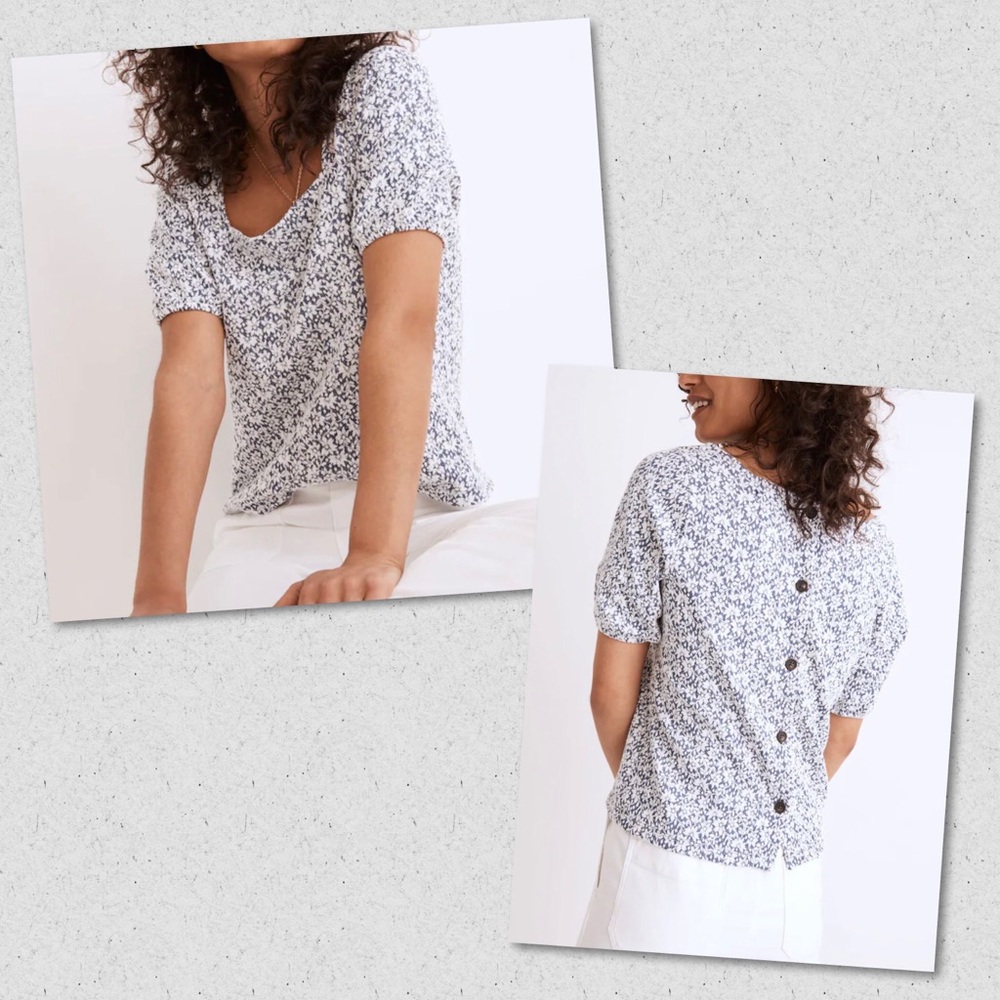 MADEWELL Blue Floral Jacquard Square Neck Button-Back Puff Sleeve Top Size small